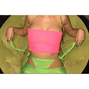 Kaci Diamond Let's Have Fun Handmade Crop Cami Slime Green Bright Pink Sz Small